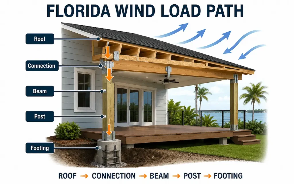 Florida wind load path diagram showing a covered deck roof with labeled load path from roof to connection, beam, post, and footing.