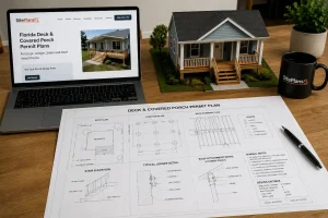 Florida deck and covered porch permit plans showing footings, ledger, stairs, roof attachments, and structural details.