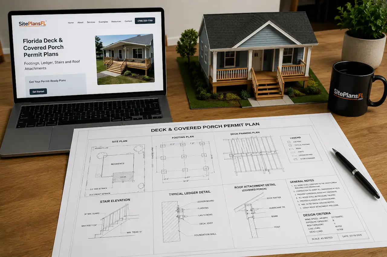 Florida deck and covered porch permit plans showing footings, ledger, stairs, roof attachments, and structural details.