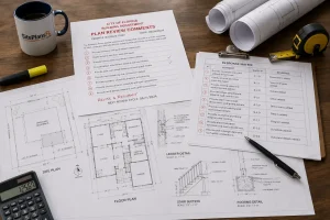Florida permit correction notice with architectural drawings, reviewer comments, structural details, and response matrix for plan resubmission.