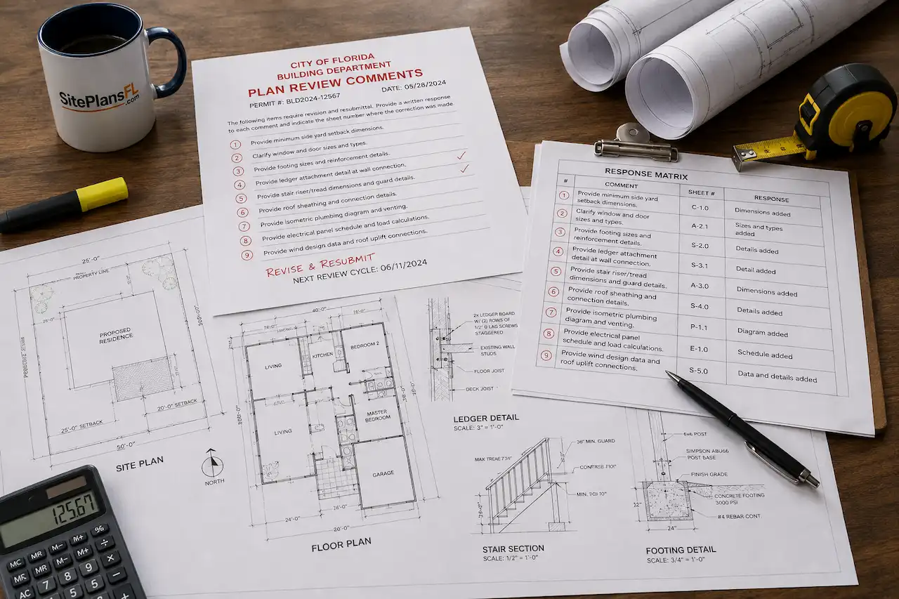 Florida permit correction notice with architectural drawings, reviewer comments, structural details, and response matrix for plan resubmission.