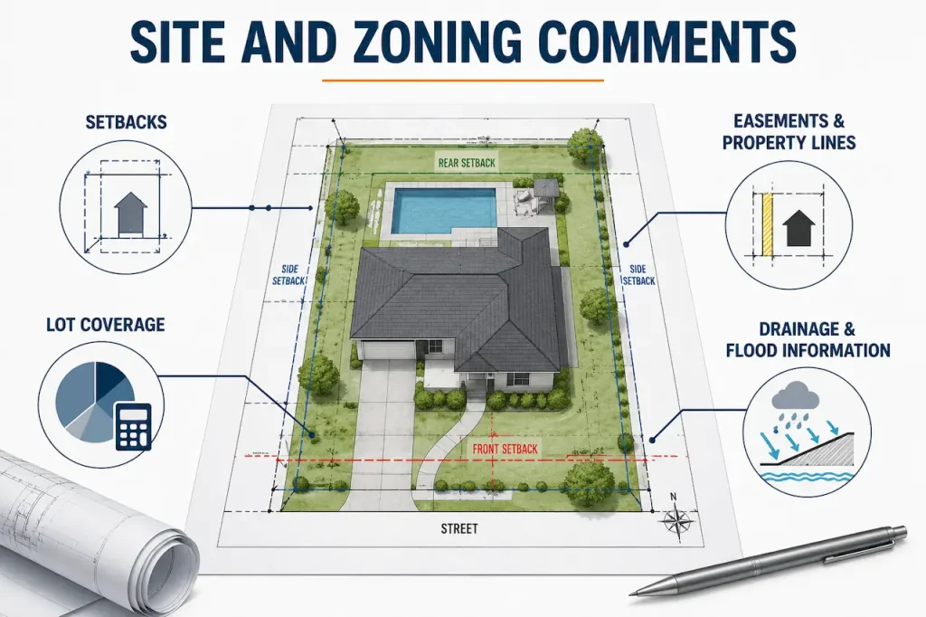 Site and zoning plan showing property setbacks, lot coverage, easements, property lines, drainage, and flood information for permit review.