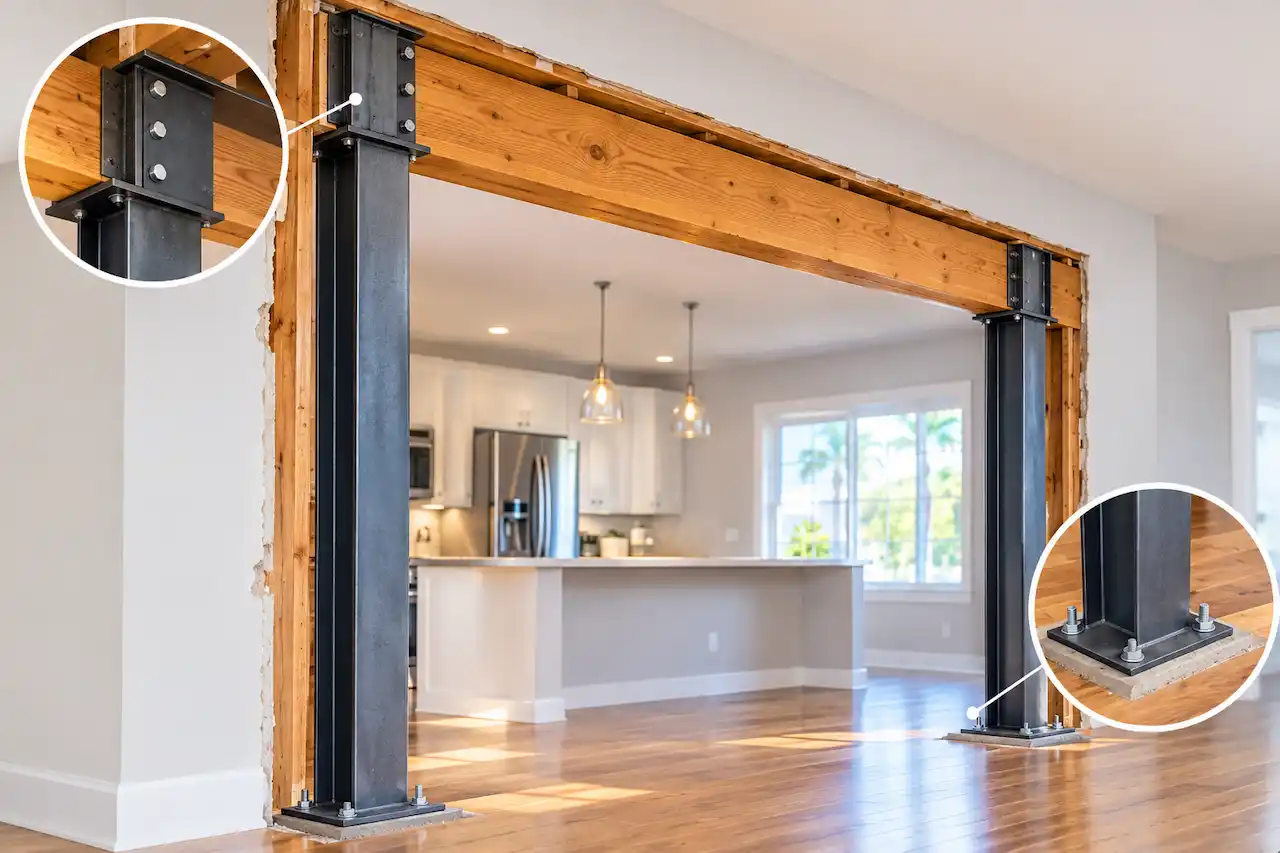 Florida load bearing wall removal permit plans with structural beam and support columns