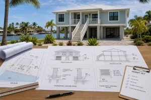 Elevated Florida waterfront home with FEMA Zone AE permit drawings showing BFE, FFE, freeboard, foundation, and flood vent details.