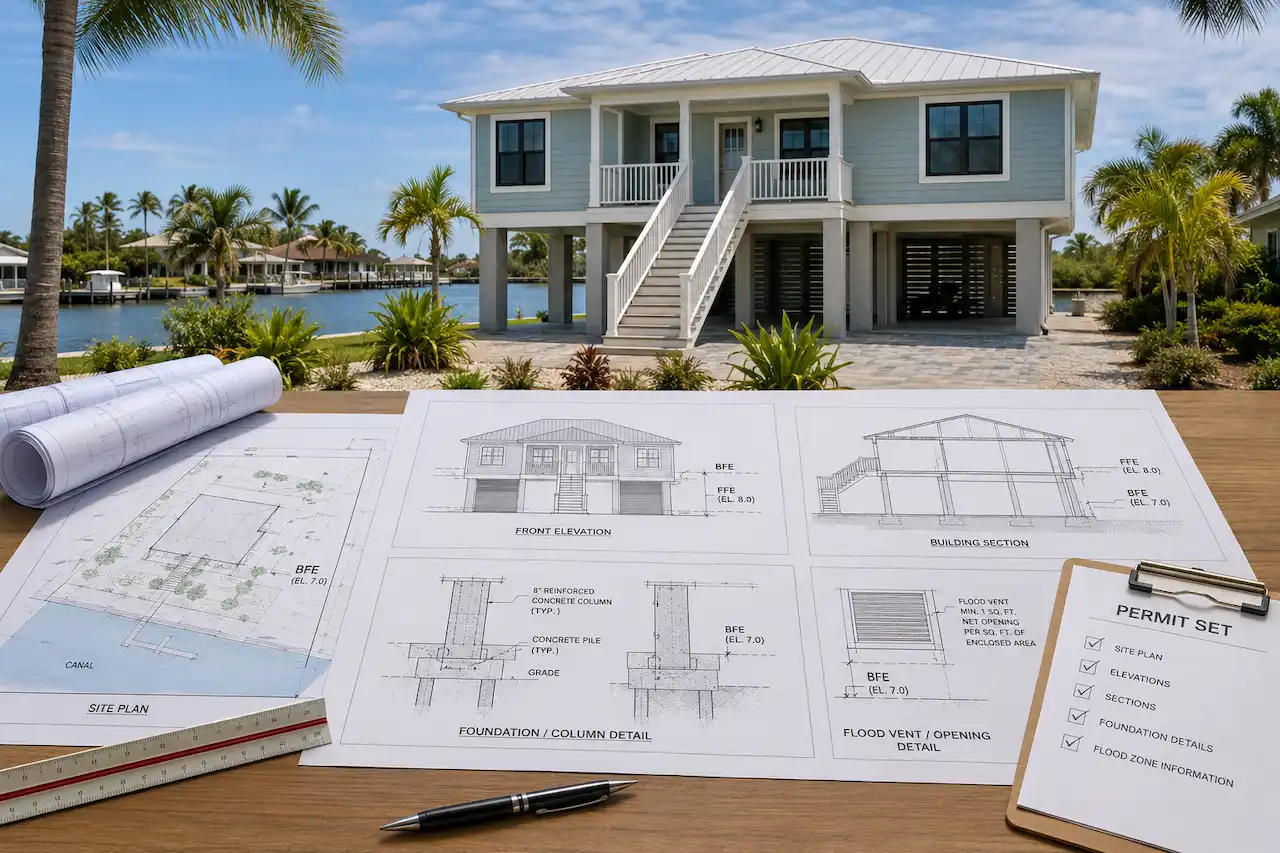 Elevated Florida waterfront home with FEMA Zone AE permit drawings showing BFE, FFE, freeboard, foundation, and flood vent details.