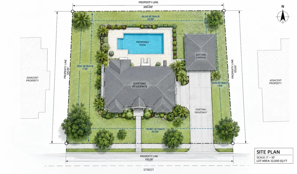 Residential site plan showing an existing house, proposed swimming pool, garage, driveway, property lines, and setback measurements.