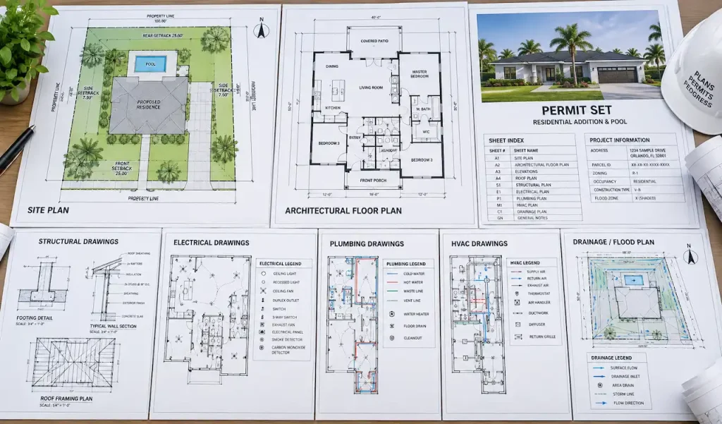 Complete residential permit set showing site plan, architectural floor plan, structural, electrical, plumbing, HVAC, and drainage drawings.