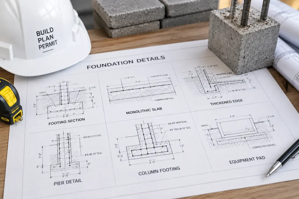 Professional foundation and slab engineering drawings showing footings, monolithic slabs, piers, column footings, thickened edges, and equipment pads.
