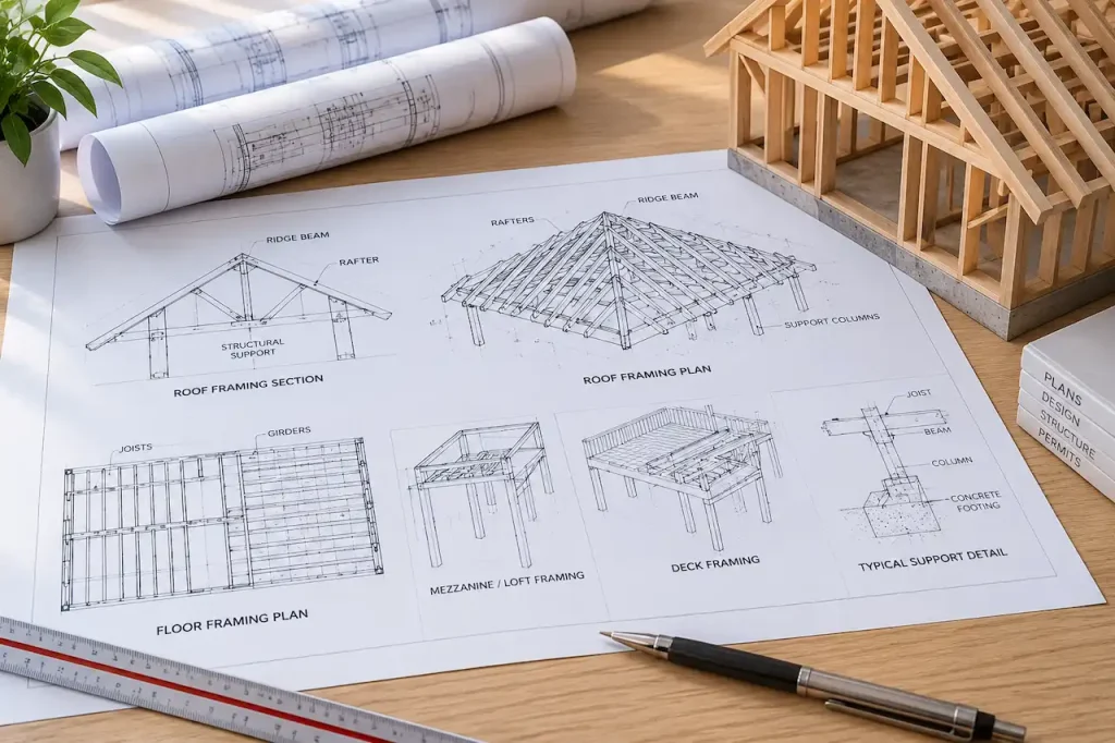 Roof and floor framing blueprints showing rafters, ridge beams, joists, girders, lofts, mezzanines, deck framing, and structural support details.