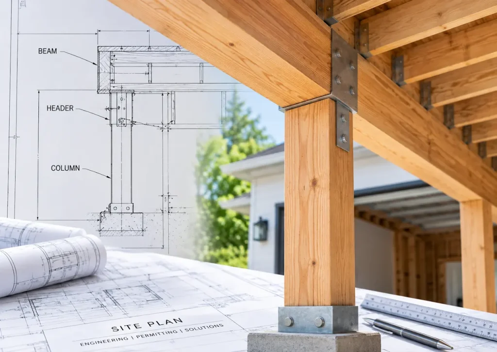 Close-up of wooden beams, headers, and columns with metal structural connectors in a residential construction project.
