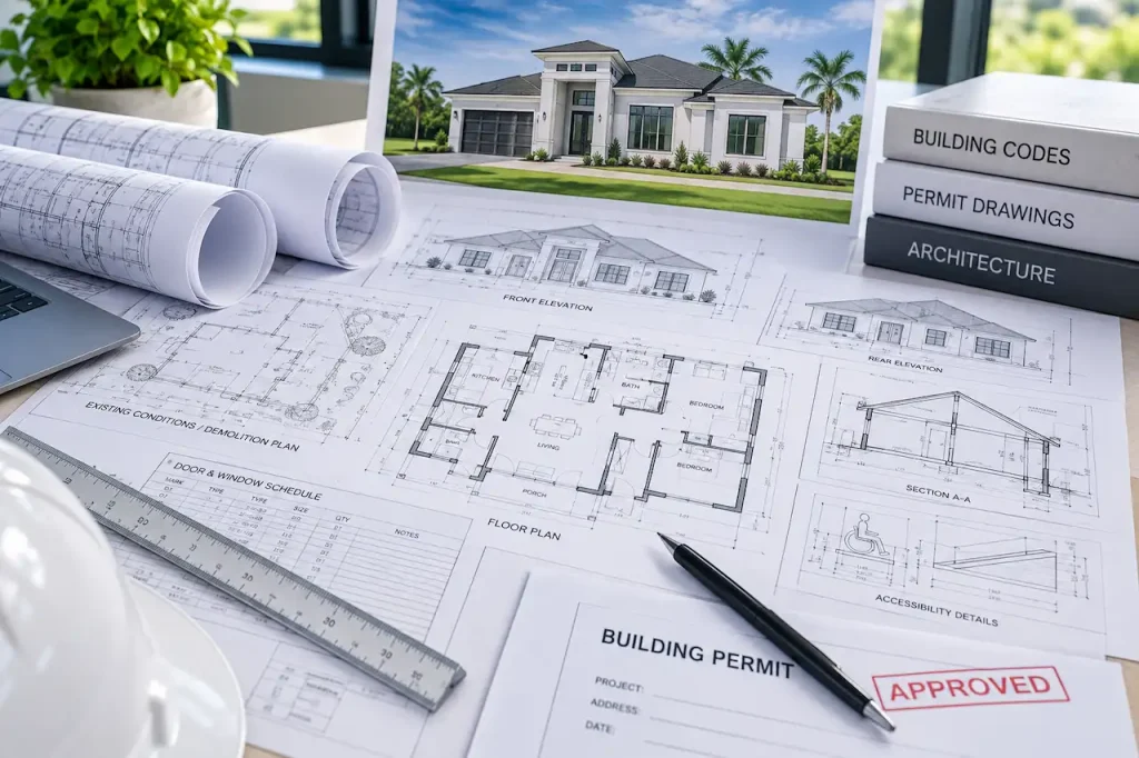 Architectural permit drawings with floor plans, elevations, sections, demolition plans, and accessibility details on a drafting desk.