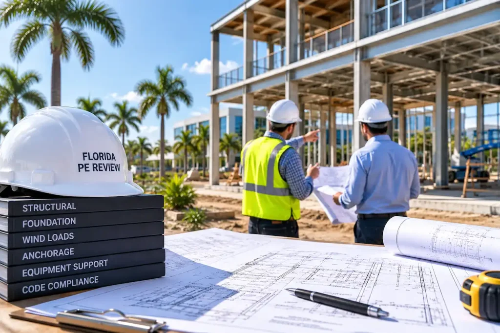 Florida PE engineer reviewing structural blueprints at a commercial construction site with palm trees, concrete framing, and engineering plans on a table.