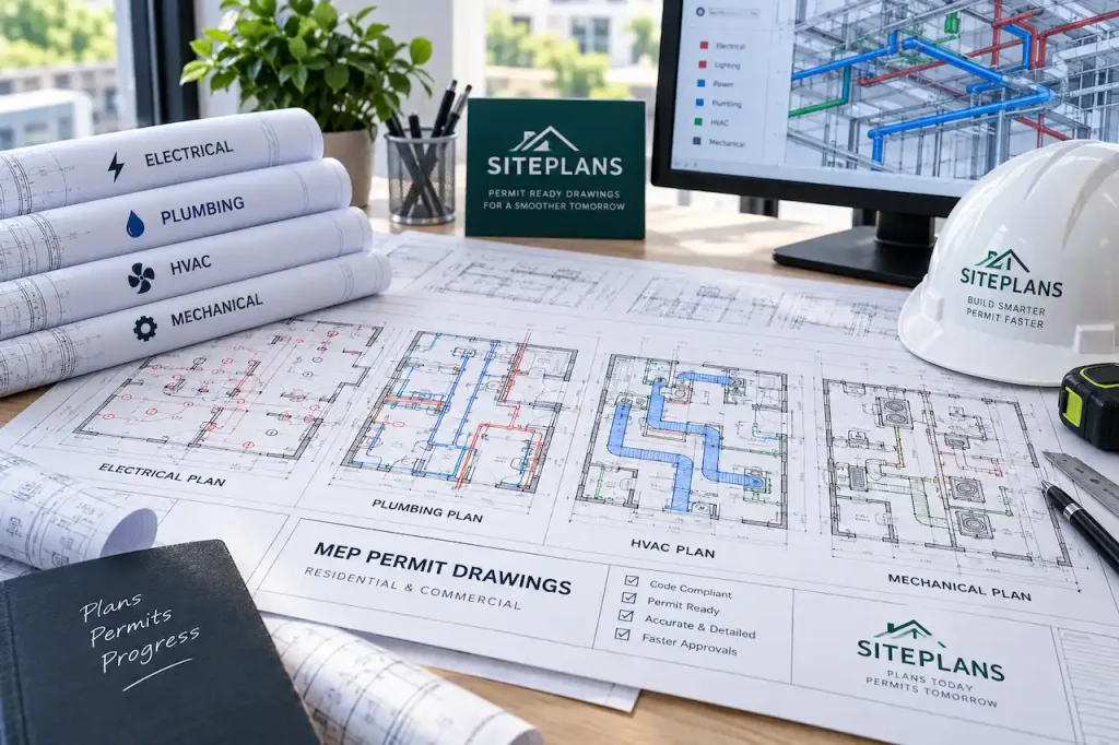 SitePlans MEP permit drawings showing electrical, plumbing, HVAC, and mechanical plans on a professional engineering desk with blueprints and a building model.