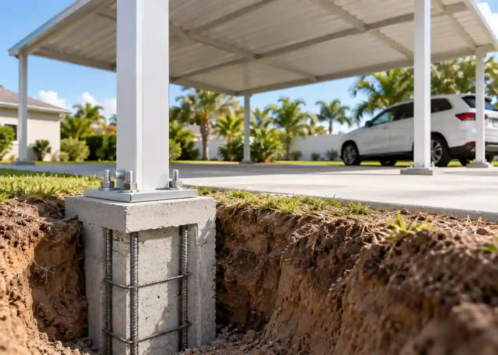 Florida carport footing and foundation with concrete footing and steel support post