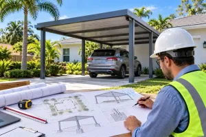 Engineer reviewing Florida carport permit plans, including site plans, footings, and structural details.