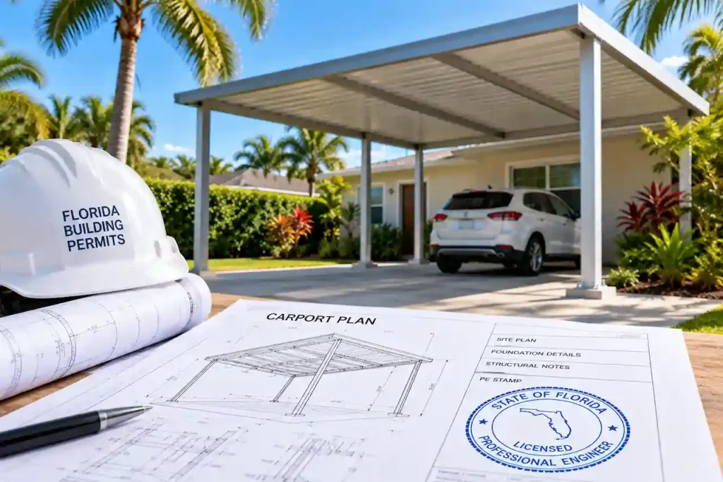 Florida carport PE stamped plans with architectural drawings and licensed engineer seal