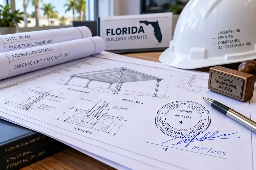 Signed and sealed Florida PE engineering documents for carport permit approval.