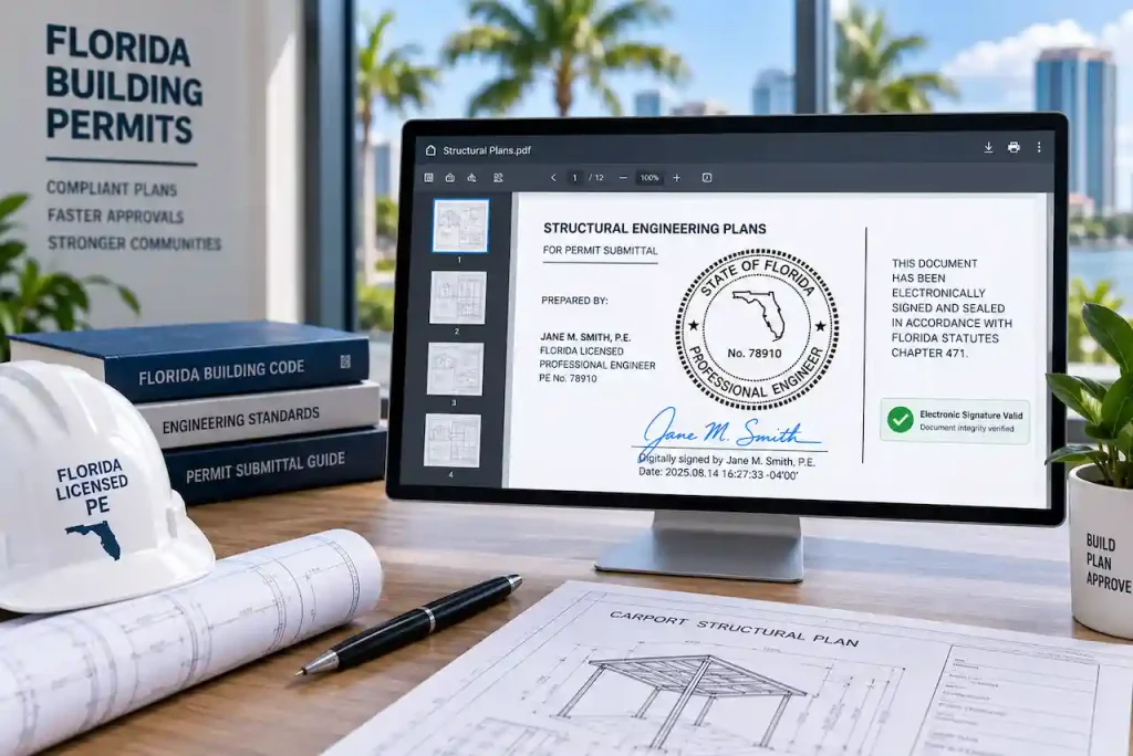 Electronically signed and sealed engineering documents displayed on a monitor for Florida building permit submission