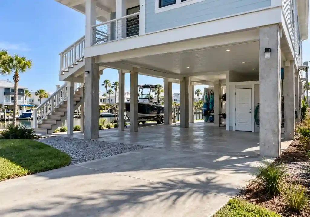 Florida Flood Zone AE house plans with open parking, storage, and boat space below BFE.