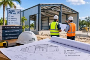 Florida metal building permit requirements showing steel building plans, foundation details, and structural engineering.