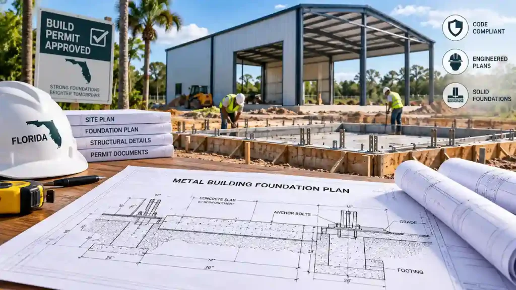 Metal building foundation plans showing concrete footings, slab details, and anchor bolts for a steel building.