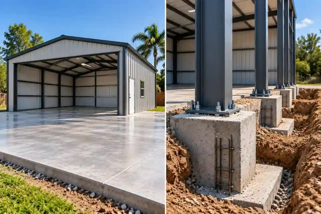 Concrete slab compared with an engineered foundation for a existing slab for metal building