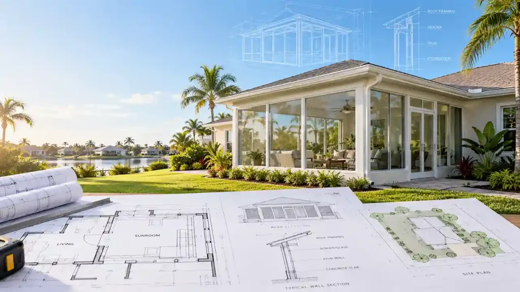 Florida sunroom permit drawings showing floor plan, structural details, site plan and enclosed porch design