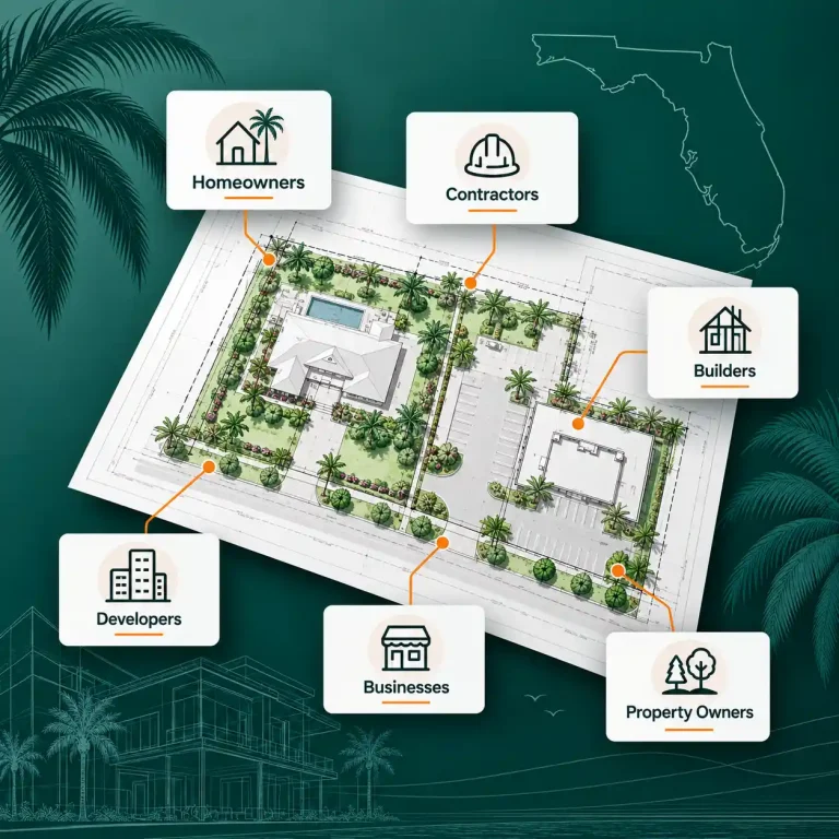 SitePlansFL client types including homeowners, contractors, builders, developers, businesses, and property owners shown around a Florida site plan.