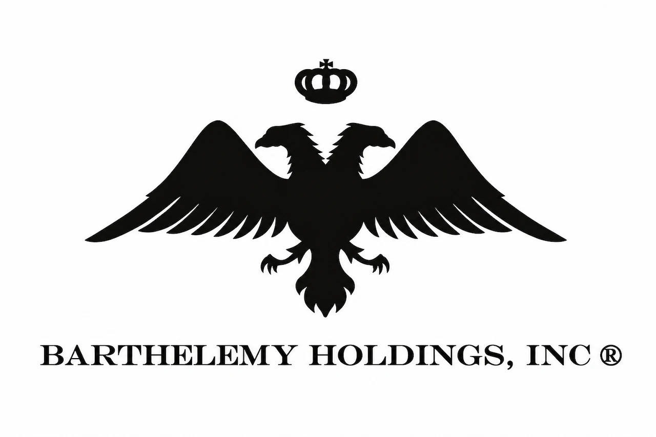 Barthelemy Holdings Inc. logo featuring a black double-headed eagle and crown on a white background.