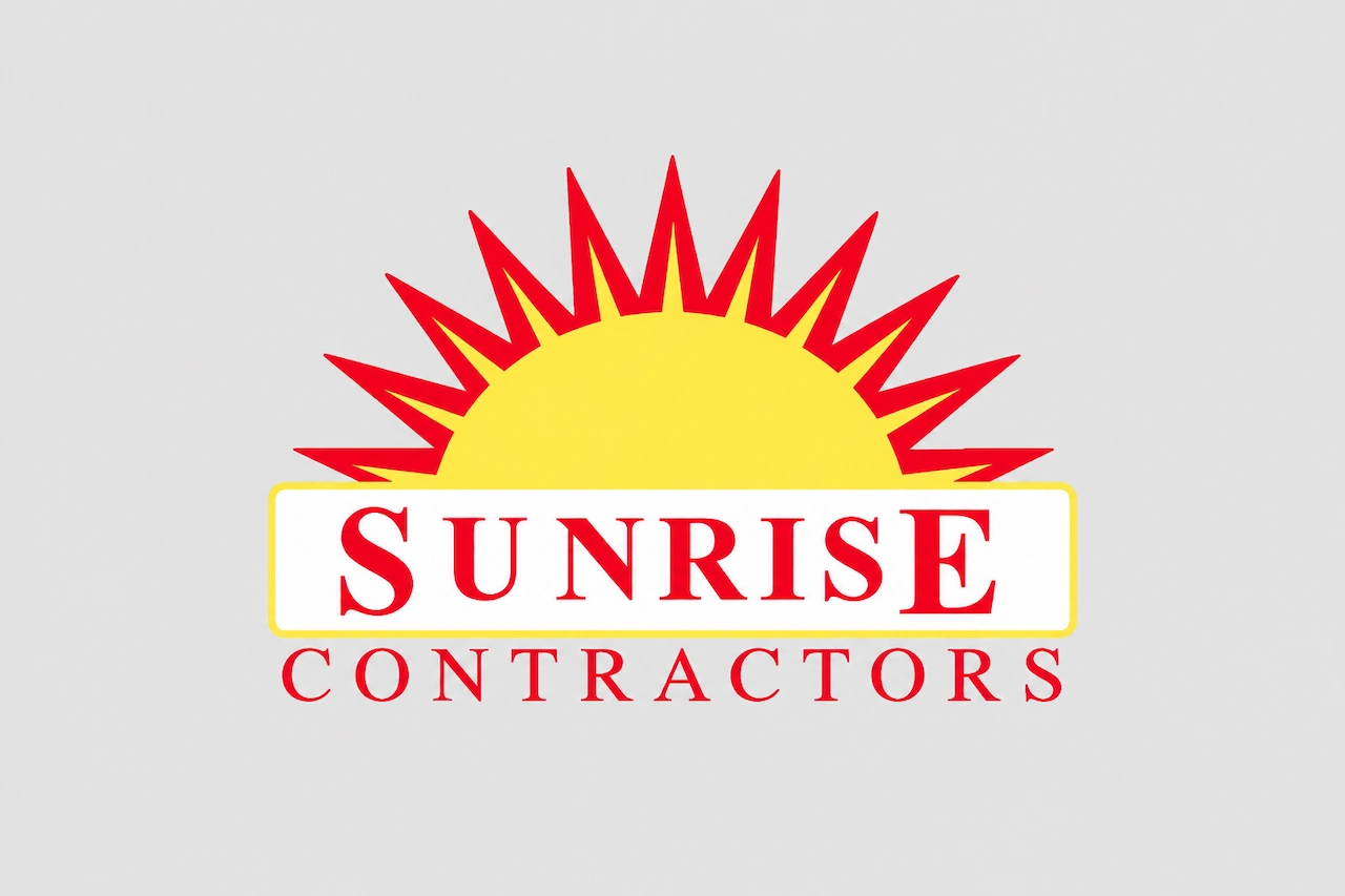Sunrise Contractors logo with a yellow rising sun graphic and red company name on a white background.