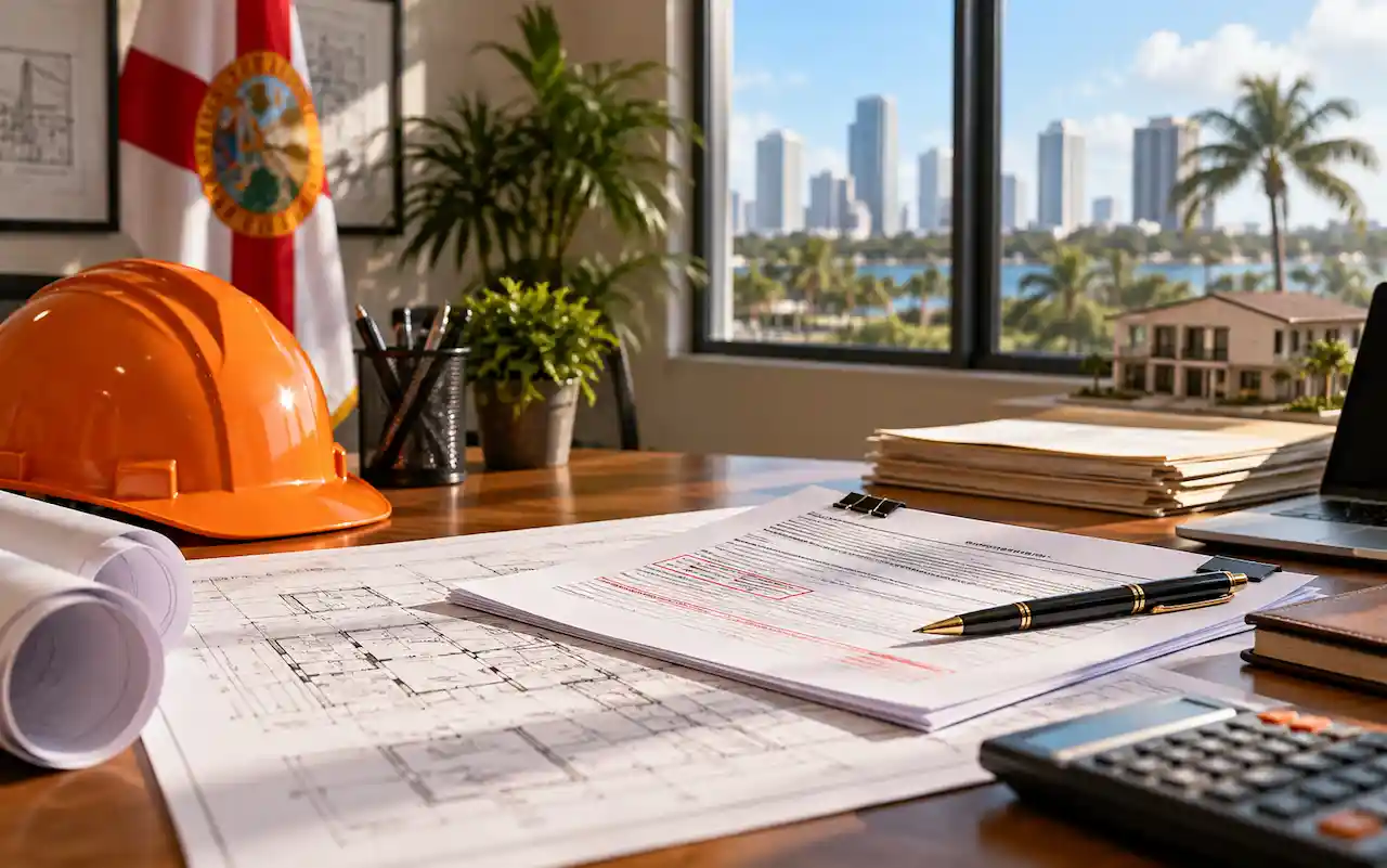 Florida building permit correction notice and architectural blueprints on an office desk