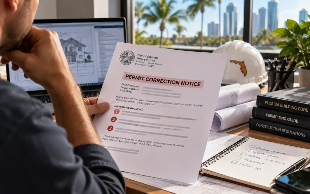 Homeowner reviewing a Florida building permit correction notice with architectural plans