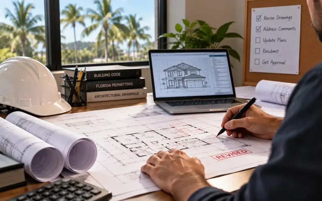 Professional revising architectural drawings for a Florida permit correction