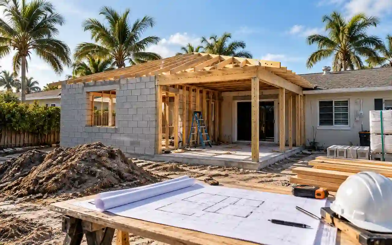 Florida home addition permit checklist with architectural plans and construction materials