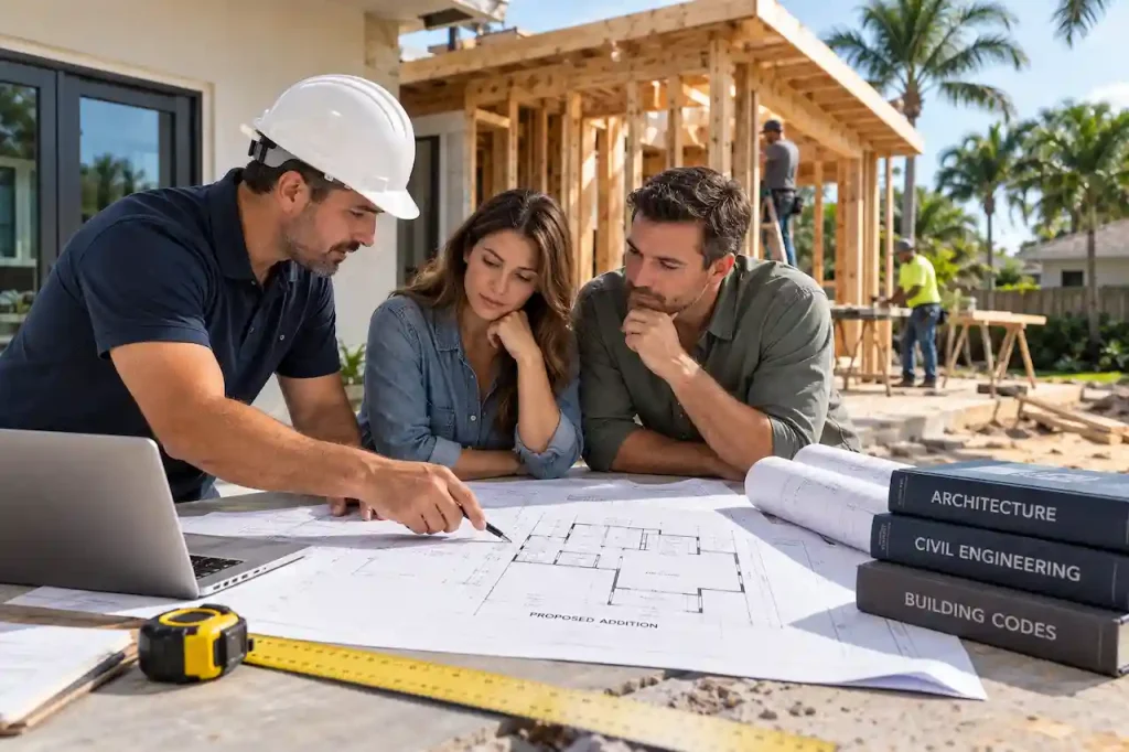 Homeowners reviewing home addition plans with a contractor at a residential construction site.