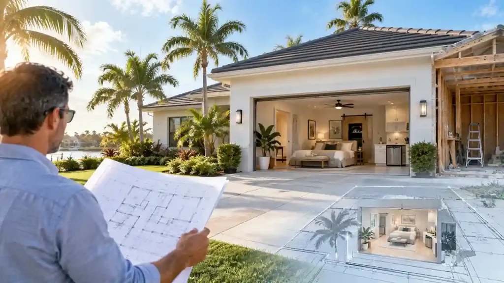 Florida garage conversion and ADU design with architectural plans and modern living space