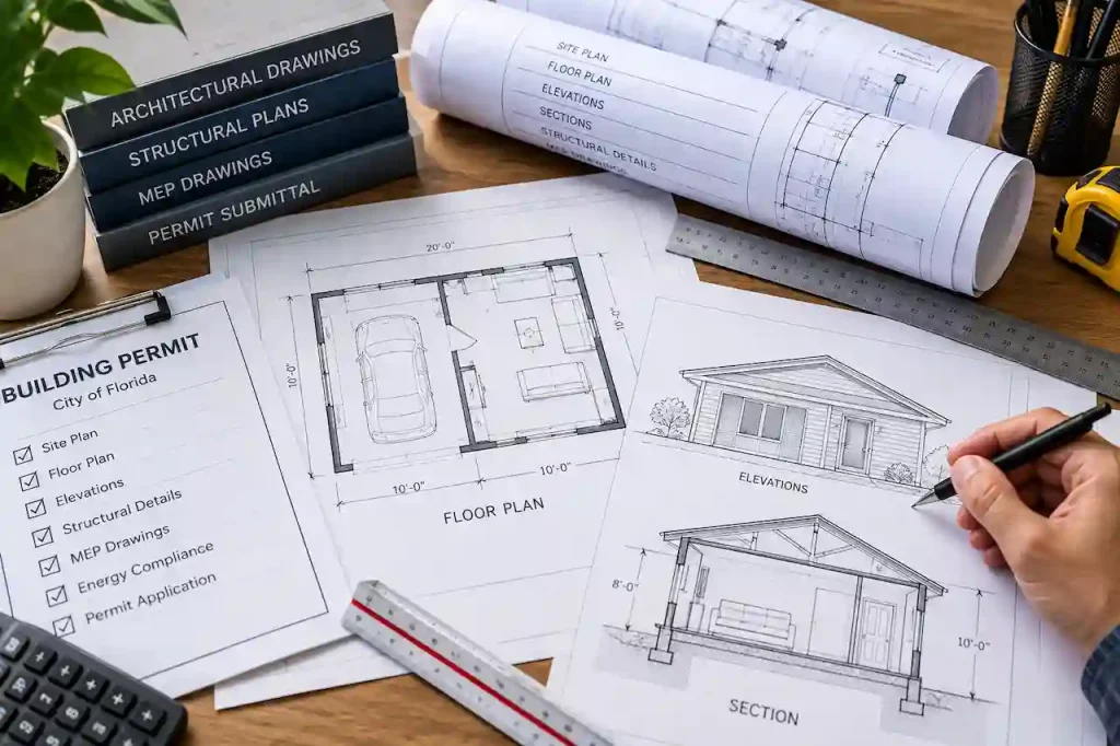 Garage conversion permit drawings showing floor plan, elevations, sections, and structural details in Florida