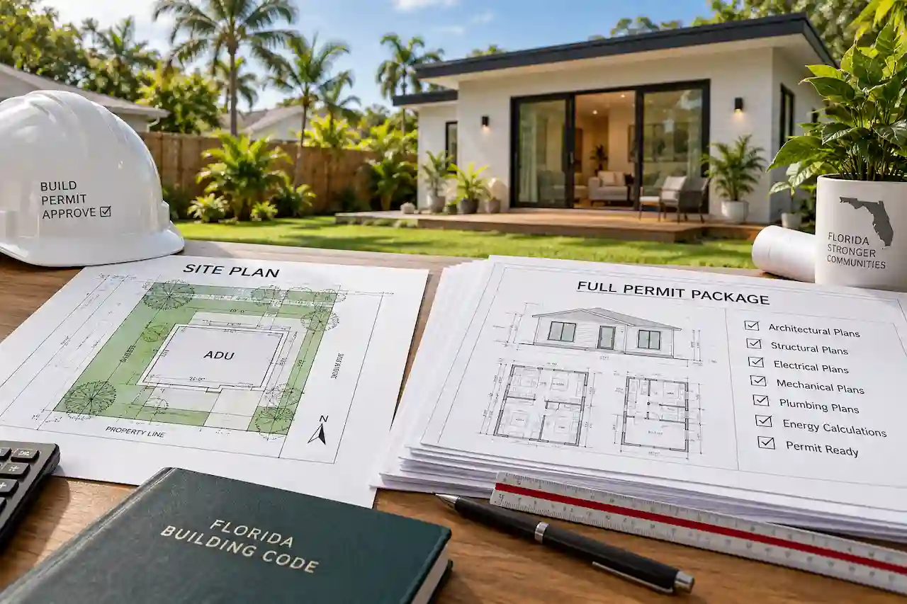 Florida ADU permit plans showing a site plan and full permit package