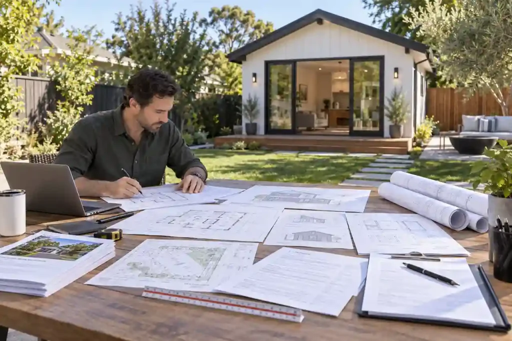 Full ADU permit package with site plans, floor plans, elevations, and construction drawings