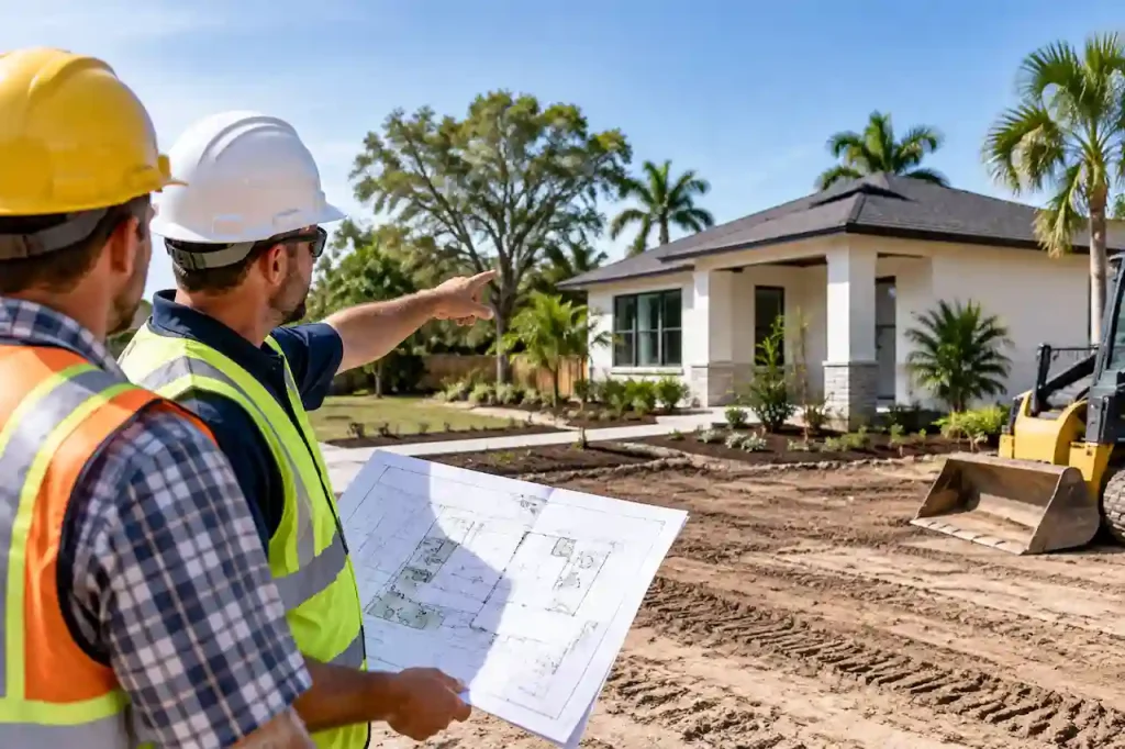 Construction professionals reviewing existing structures and site improvements for a residential site plan