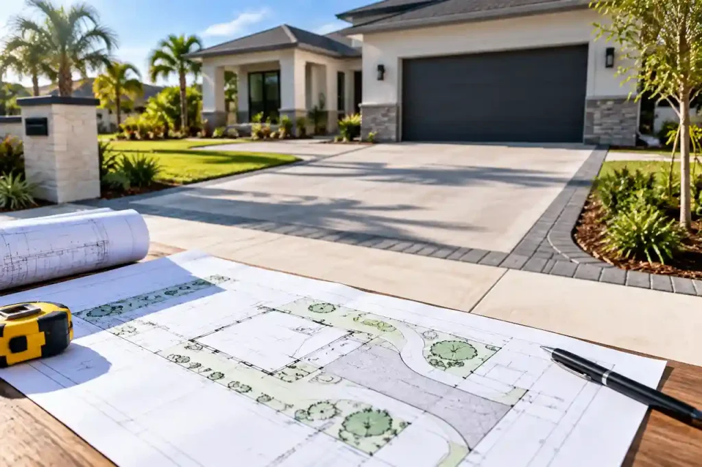 Residential driveway, parking area, and access layout shown in a site plan