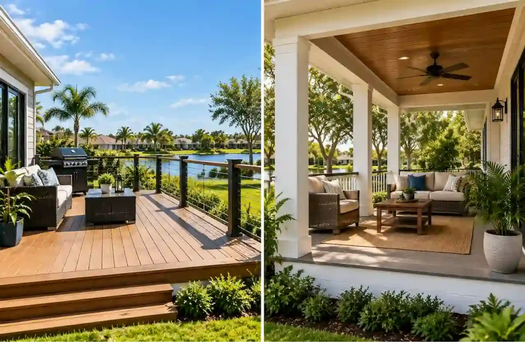 Comparison of open deck and covered porch plans for Florida homes