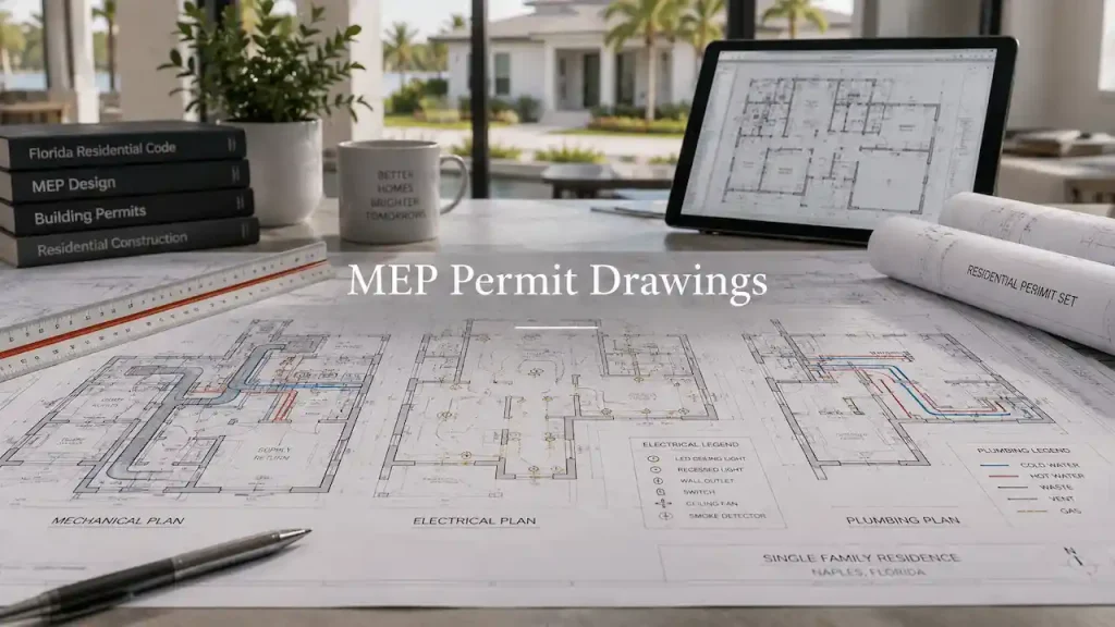 MEP permit drawings showing electrical, plumbing, and mechanical plans for a Florida residential construction project
