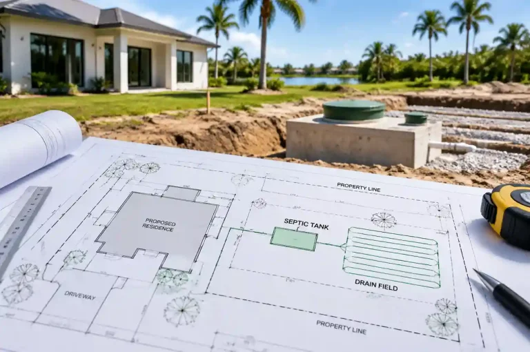 Florida septic well site plan showing residential property layout, septic tank, drain field, and permit planning details