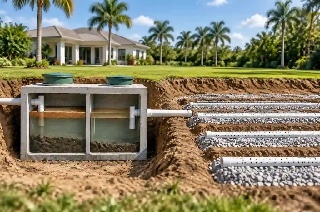 Septic tank and drainfield system in Florida showing separate wastewater treatment and drainage components