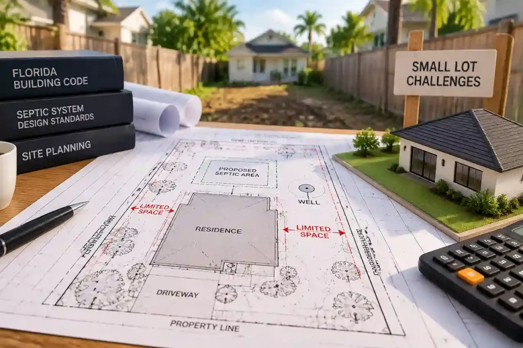Florida septic and well site plan showing limited property space and residential permit planning challenges