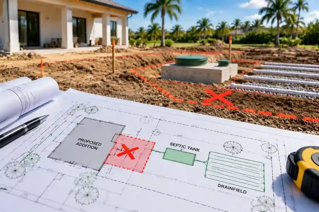 Florida septic layout conflict showing proposed construction project overlapping septic tank and drainfield area on site plan