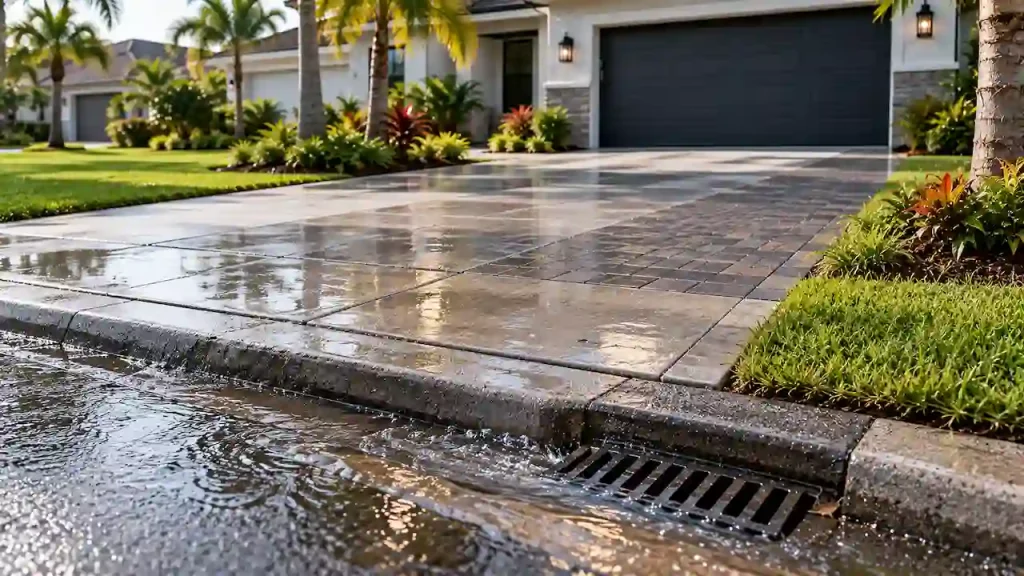 Florida driveway expansion showing stormwater drainage and impervious surface area after rainfall