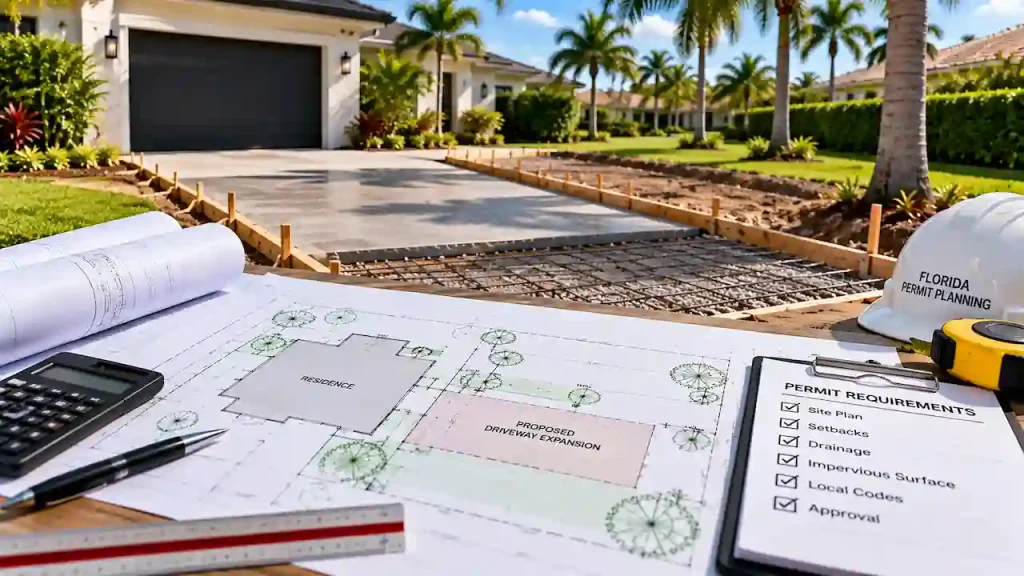 Driveway expansion planning in Florida showing site plans, permit requirements, setbacks, drainage, and construction layout