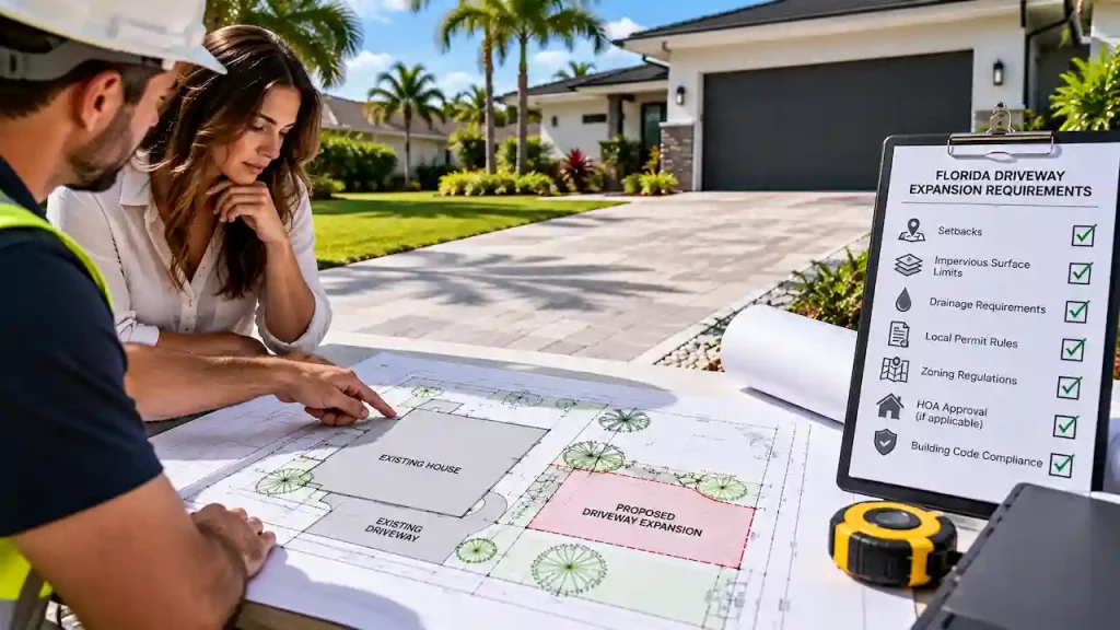 Florida driveway expansion requirements reviewed on a site plan with setbacks, drainage, zoning, and permit rules